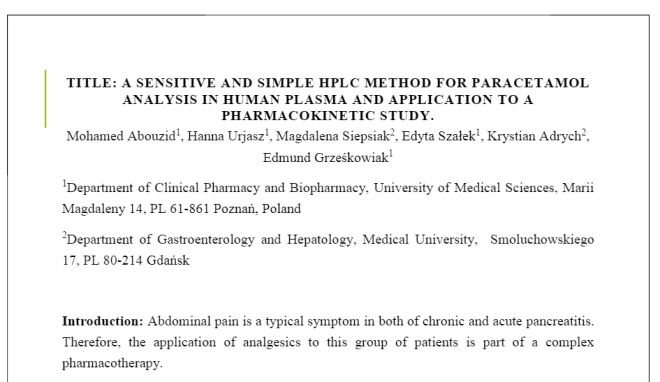 TITLE: A SENSITIVE AND SIMPLEHPLC METHOD FOR PARACETAMOL ANALYSIS IN HUMAN PLASMA AND APPLICATIONTO A PHARMACOKINETIC STUDY